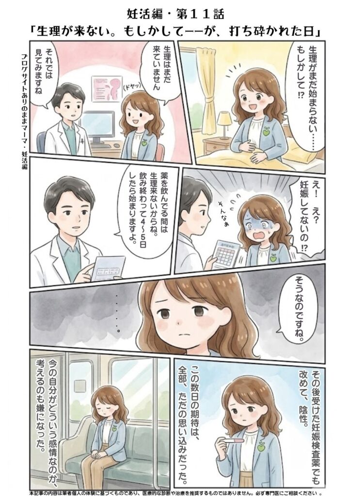 第11話: 期待していた生理の遅れが空振りに終わり、ショックを受けるリアルな感情を描いた体験談マンガ