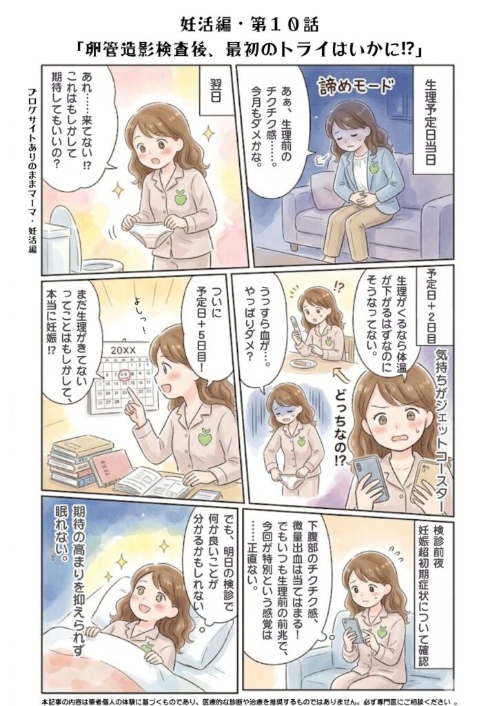 第10話： 卵管造影検査後の「ゴールデン期間」に期待を込め、タイミング法に挑む様子を描いた体験談マンガ