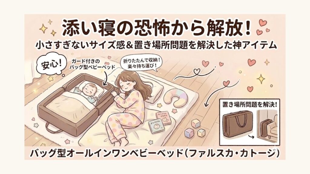 0歳児のお役立ちグッズとして折りたたみベビーベッドを紹介するブログ画像